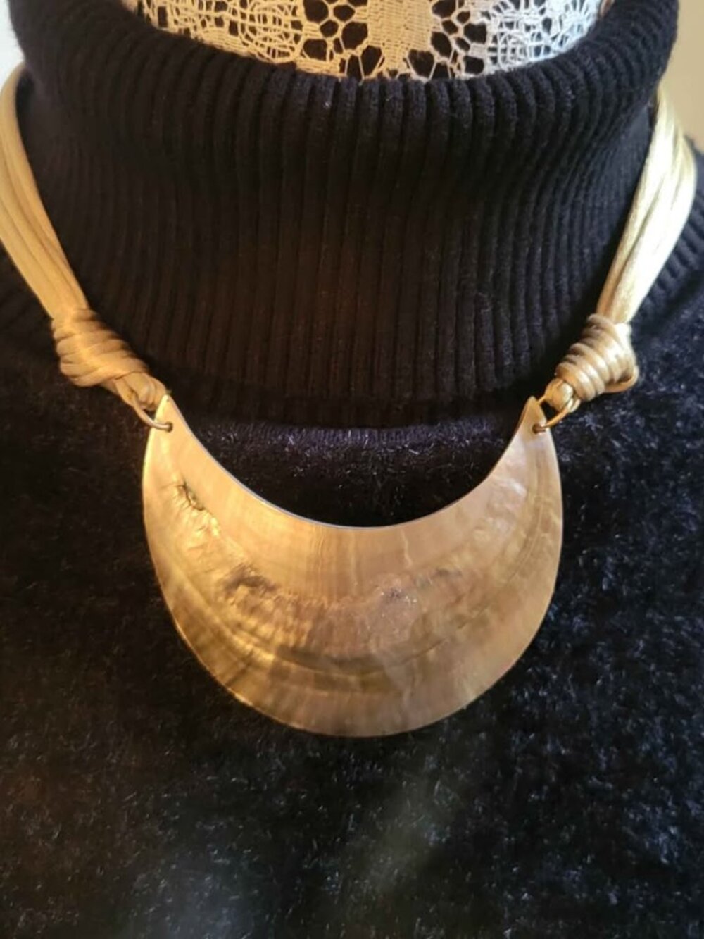 Vintage Tribal-Style Bib Necklace Featuring A Large Crescent-Shaped Shell Pendan